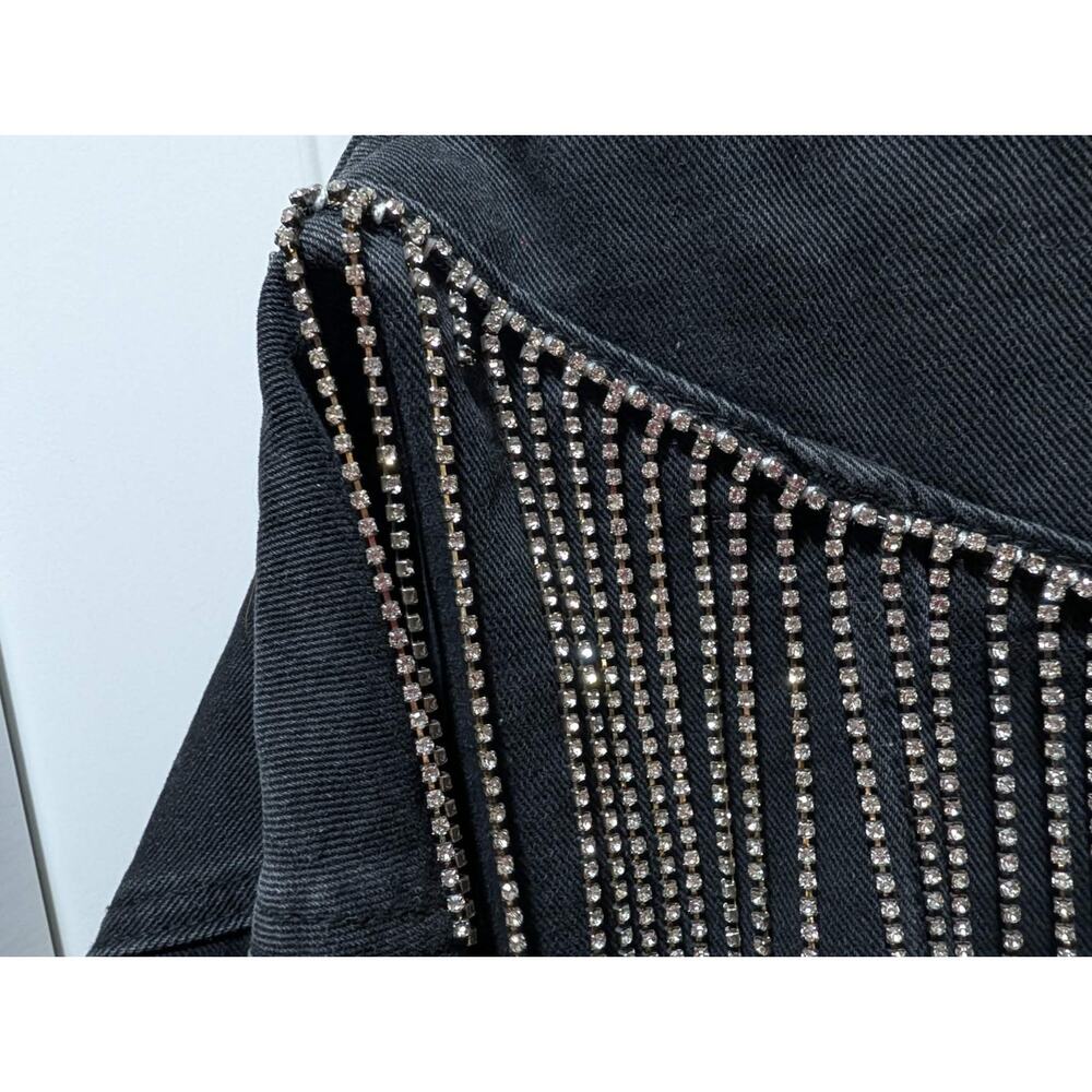 Veveret Black Denim Jean Jacket With Rhinestone Fringe Size L Western Cowgirl - Picture 9 of 10